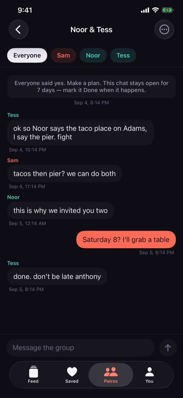 A group chat between four people making a plan for Saturday.
