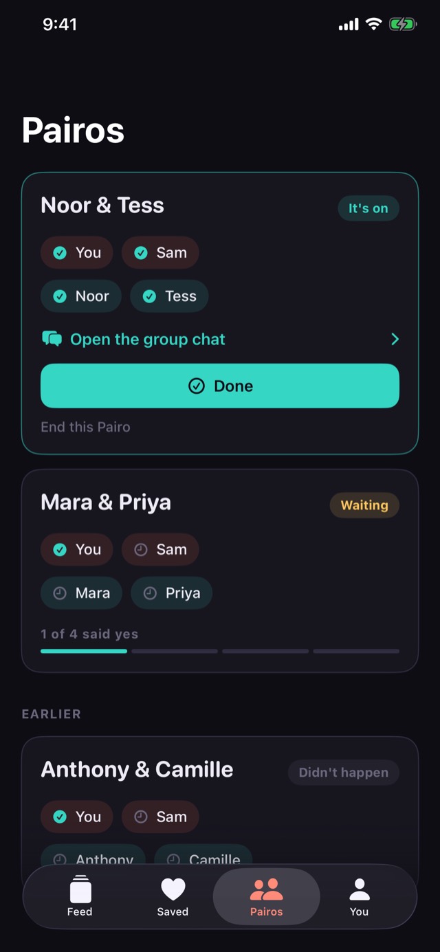 The Pairos tab: each group shows who has said yes, who hasn't, and whether it's on.